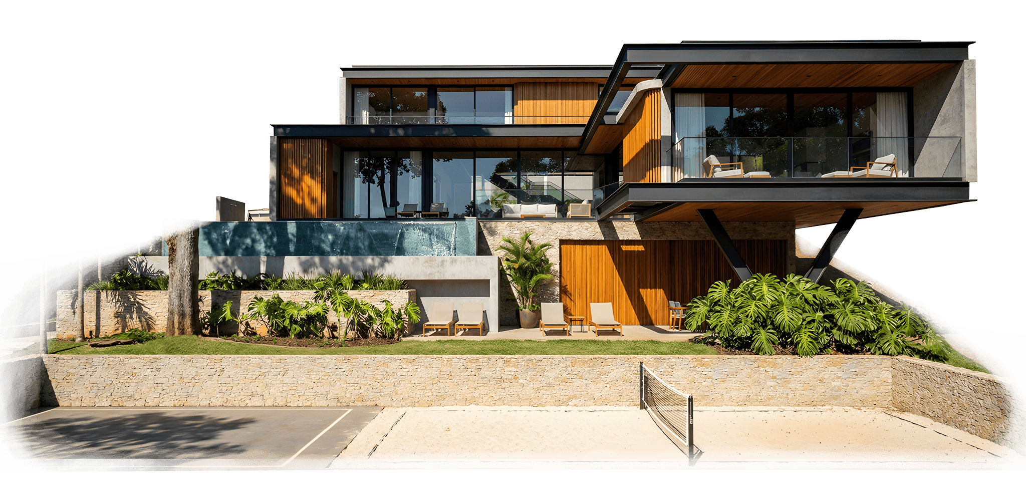 A contemporary residence with floor to ceiling glass, a mirrored pool and natural light over white concrete.